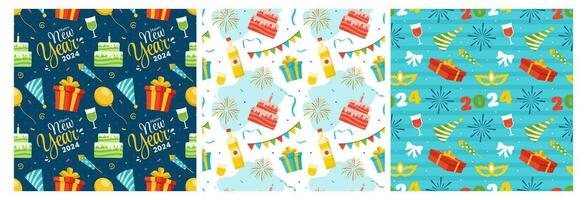 Set of Happy New Year 2024 Seamless Pattern Illustration with Elements New Years Background Design vector