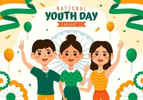 Happy International Youth Day of India Vector Illustration with Indian Flag and Young Boys or Girls Togetherness in Flat Kids Cartoon Background