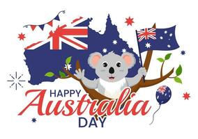 contento Australia día vector ilustración en 26 enero con mapa y australiano bandera para bandera o póster en plano dibujos animados antecedentes diseño