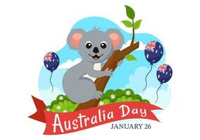 contento Australia día vector ilustración en 26 enero con mapa y australiano bandera para bandera o póster en plano dibujos animados antecedentes diseño