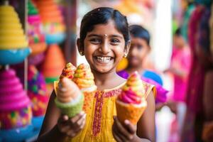 vistoso hielo crema cono delicias niño con alegre sonrisa en de cerca foto a hielo crema tienda - ai generado