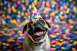 Pug-tastic Party - A Colorful Close-Up of a Playful Pup - AI generated photo