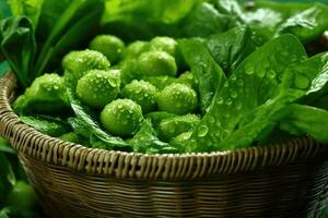 refrescante verde vegetales en rociado cesta - salud y bienestar todavía vida - ai generado foto