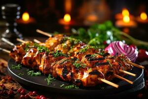 Outdoor Grill Delight - Juicy Chicken Kebab with Herbs and Vegetables, Perfectly Charred - AI generated photo