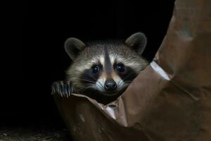 documentando urbano fauna silvestre - un basura lata encuentro con un juguetón mapache - ai generado foto