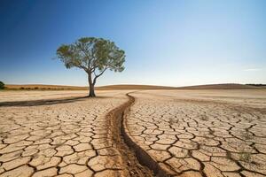 azotado por la sequía granja - estéril paisaje con solitario árbol, representando ambiental degradación y clima cambio - ai generado foto