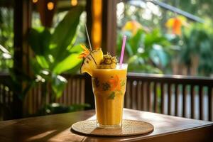 A Taste of the Tropics - A Refreshing Smoothie in a Relaxing Wooden Table Setting - AI generated photo