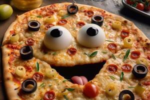 juguetón Pizza rebanada con googly ojos Listo a ser devorado en restaurante ambiente - ai generado foto