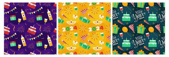 Set of Happy New Year 2024 Seamless Pattern Illustration with Elements New Years Background Design vector