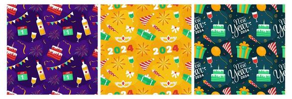 Set of Happy New Year 2024 Seamless Pattern Illustration with Elements New Years Background Design vector