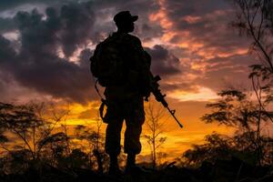 el último sacrificio - un de soldado uniforme y arma silueta en contra un vibrante puesta de sol - ai generado foto