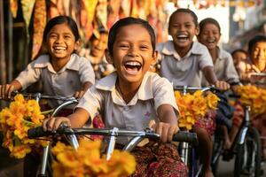 alegre niños montando bicicletas en tranquilo calle - sincero estilo de vida foto de infancia felicidad y libertad - ai generado