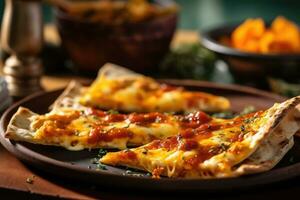 Melted Cheese Pizza Slice - Comfort Food Close-Up Shot with Tomato Sauce and Toppings in Background - AI generated photo