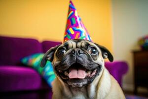 Colorful Party Pug - Playful Pet with Tongue Out in Close-up Portrait - AI generated photo