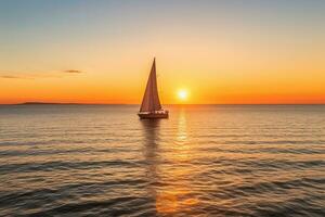 Serene Sunset over Calm Ocean Waters with Sailboat in Distance - AI generated photo