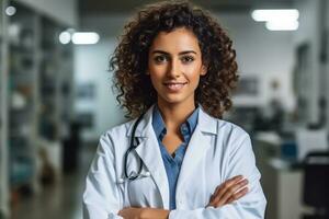 Female Doctor Portrait with Arms Folded in Medical Environment - AI generated photo