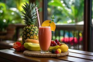 Tropical Paradise in a Glass - A Refreshing Smoothie in a Lush Jungle Setting - AI generated photo