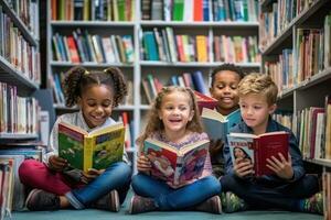 curioso niños leyendo libros juntos en biblioteca - sincero educativo foto - ai generado