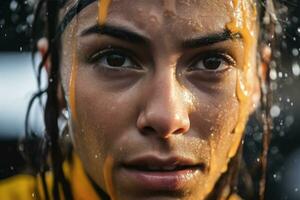 Intense Focus - Athlete's Sweat-Drenched Face in Close-Up During Race - AI generated photo
