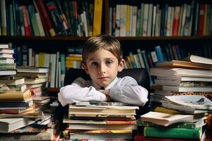 frustrado niño estudiando en salón de clases con libros y documentos - de cerca educativo imagen con determinación y concentración emociones - ai generado foto