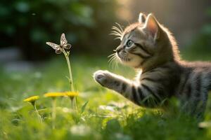 Up Close and Playful - A Kitten and Butterfly's Garden Encounter - AI generated photo