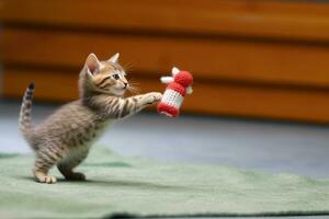 Playful Kitten Chasing Toy Mouse in Action Shot with Blurred Background - Indoor Pet Photography - AI generated photo