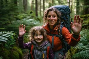 Mother and Daughter Bonding on Hike Through Dense Forest - Close-up Photo with Soft Focus and Natural Light - AI generated