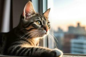 Curious Kitten with Big Innocent Eyes on Urban Windowsill with Cityscape Background - AI generated photo