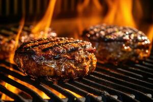 Grilled Burgers on Sizzling BBQ with Smoke - Appetizing Culinary Close-up - AI generated photo