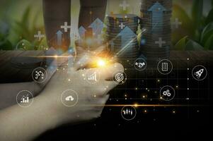 Planning and Strategy Stock Market Business Growth progress or success Businessman or trader hand touches showing virtual hologram stock invest in trading photo