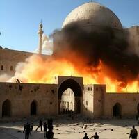 Al Aksa mosque damaged by war, AI generated photo