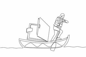 Single continuous line drawing smart businesswoman standing in boat and sailing with open wallet. Saving domestic purse budget. Pursue tight daily expenditure. One line draw design vector illustration