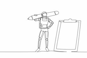 Single continuous line drawing young astronaut carrying big pencil and looking clipboard in moon surface. Checklist of spaceship duty. Cosmonaut deep space. One line graphic design vector illustration