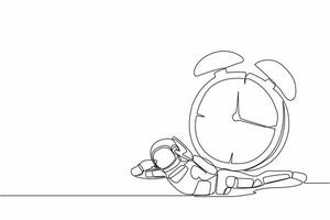 Single one line drawing of young astronaut under heavy alarm clock burden in moon surface. Work pressure at spaceship business project. Cosmic galaxy space. Continuous line design vector illustration