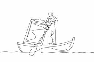 Single one line drawing Arabian businesswoman standing in boat, sailing with clipboard. Employee escape from deadline checklist board. Productivity problem. Continuous line design vector illustration