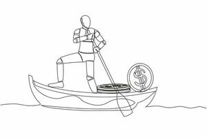 Single one line drawing robot sailing away on boat with pile of dollar coins. Criminal stole golden coin from bank. Robotic artificial intelligence. Continuous line graphic design vector illustration