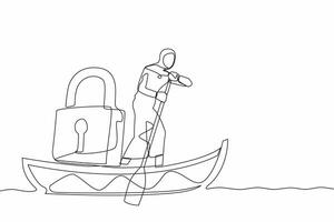 Single one line drawing Arab businesswoman standing in boat and sailing with padlock. Shipping protection at ocean from pirate. Security in business at sea. Continuous line design vector illustration