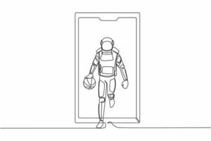 Continuous one line drawing astronaut basketball player running and dribbling with ball out of smartphone screen. App basketball. Cosmonaut outer space. Single line graphic design vector illustration