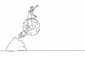 Continuous one line drawing Arab businessman riding sphere globe rocket flying in the sky. Global business expansion, open company branch in new location. Single line draw design vector illustration