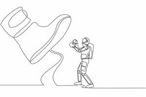 Single continuous line drawing young astronaut punching uppercut under big foot stomp. Spaceman against authoritarian or anger boss. Cosmonaut deep space. One line design vector graphic illustration