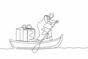 Single one line drawing Arabian businesswoman standing in boat and sailing with gift box. Giving prizes to outstanding employees. Appreciation from company. Continuous line design vector illustration