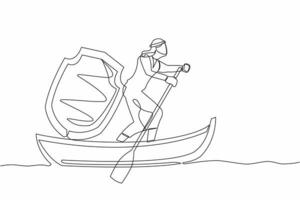 Single continuous line drawing Arab businessman sailing away on boat with shield. Business protection and precaution financial crime. Security and insurance. One line draw design vector illustration