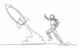 Continuous one line drawing young astronaut run chasing rocket take off in moon surface. Left behind departure back to earth. Cosmonaut outer space concept. Single line draw design vector illustration