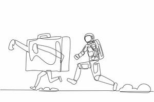 Continuous one line drawing of young astronaut running chasing briefcase in moon surface. Huge bag for space travel. Cosmonaut outer space concept. Single line draw design vector graphic illustration