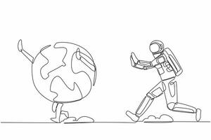 Continuous one line drawing young astronaut run chasing globe in moon surface. Space trip and travel around planet in outer galaxy. Cosmonaut outer space. Single line draw design vector illustration