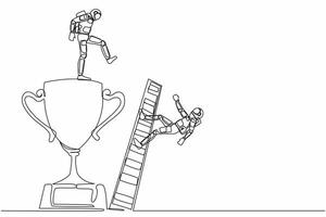 Single one line drawing of young astronaut kicking to make his rival falling down from the top ladder trophy of success in moon surface. Cosmic galaxy space. Continuous line design vector illustration