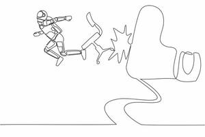 Single continuous line drawing young astronaut kicked out by big foot in moon surface. Spaceman kicked away from chair by giant feet. Cosmonaut deep space. One line design vector graphic illustration