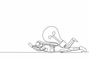 Single continuous line drawing young astronaut under heavy light bulb burden. Uninspired or no idea after business space failure. Cosmonaut deep space. One line draw design vector graphic illustration