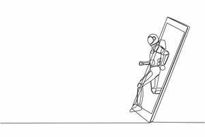 soltero uno línea dibujo astronauta corredor atención a correr rápido a pista, consiguiendo fuera de teléfono inteligente pantalla. móvil Deportes jugar partidos. cósmico galaxia espacio. continuo línea dibujar diseño vector ilustración