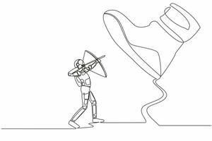 Single one line drawing young astronaut aiming bow against giant shoes stomping. Spaceman archery against giant foot step. Cosmic galaxy space concept. Continuous line draw design vector illustration